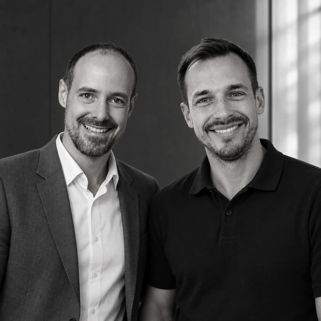 Art-directed black-and-white portrait of Thomas Pichler and Robin Huse.