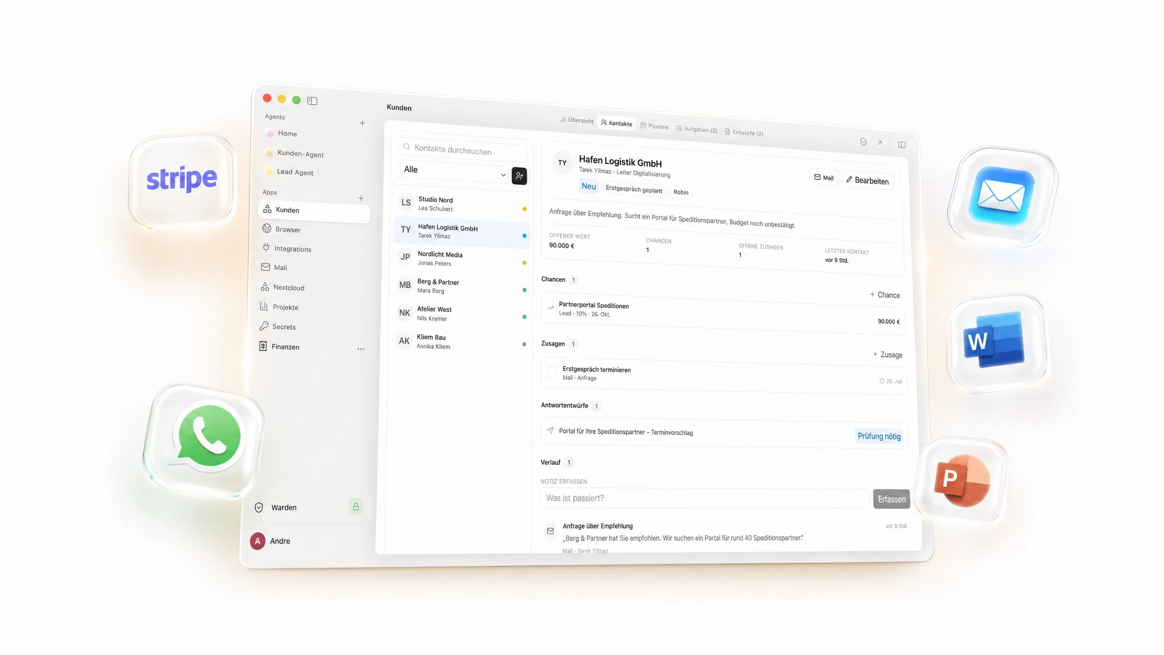 Abrum customer app connected to services including Stripe, email, WhatsApp and Office