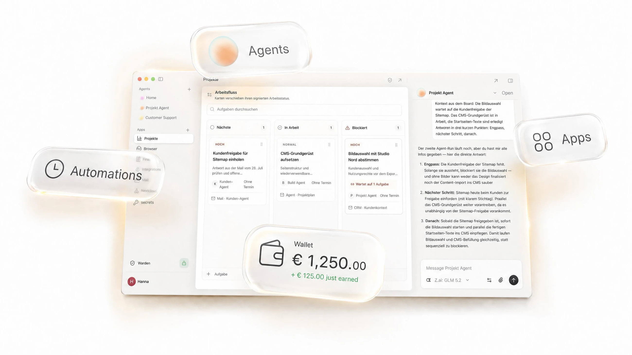 Abrum project board with agent, apps, automations and wallet