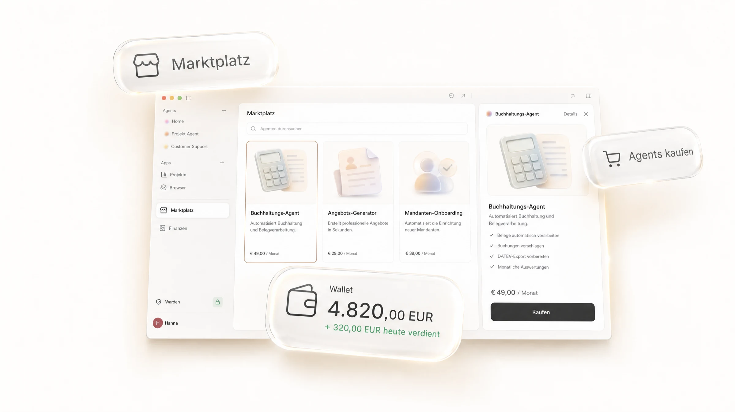 Abrum marketplace with agent offerings and a wallet showing daily revenue